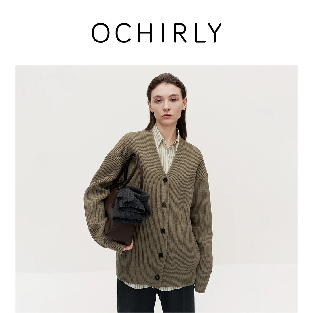 OCHIRLY欧时力 100%羊毛V领针织外套女中长开衫毛衣2024秋冬新品