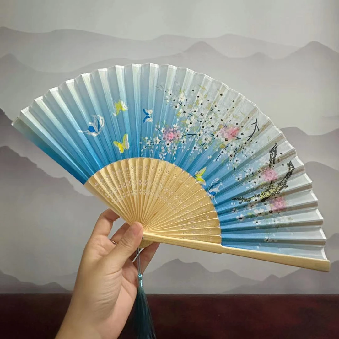 渐变蓝色樱花 扇印花竹片折扇
