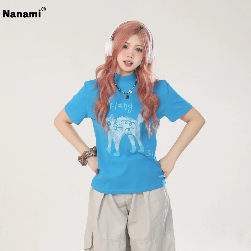 3甜 美式复古炸毛猫正肩短袖T恤夏季休闲修身上衣