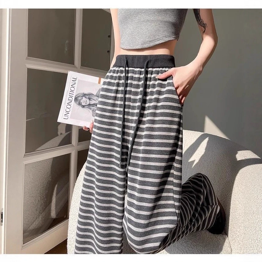 灰色条纹裤子女宽松阔腿裤女秋季高腰垂感慵懒风糯米纹直筒休闲裤