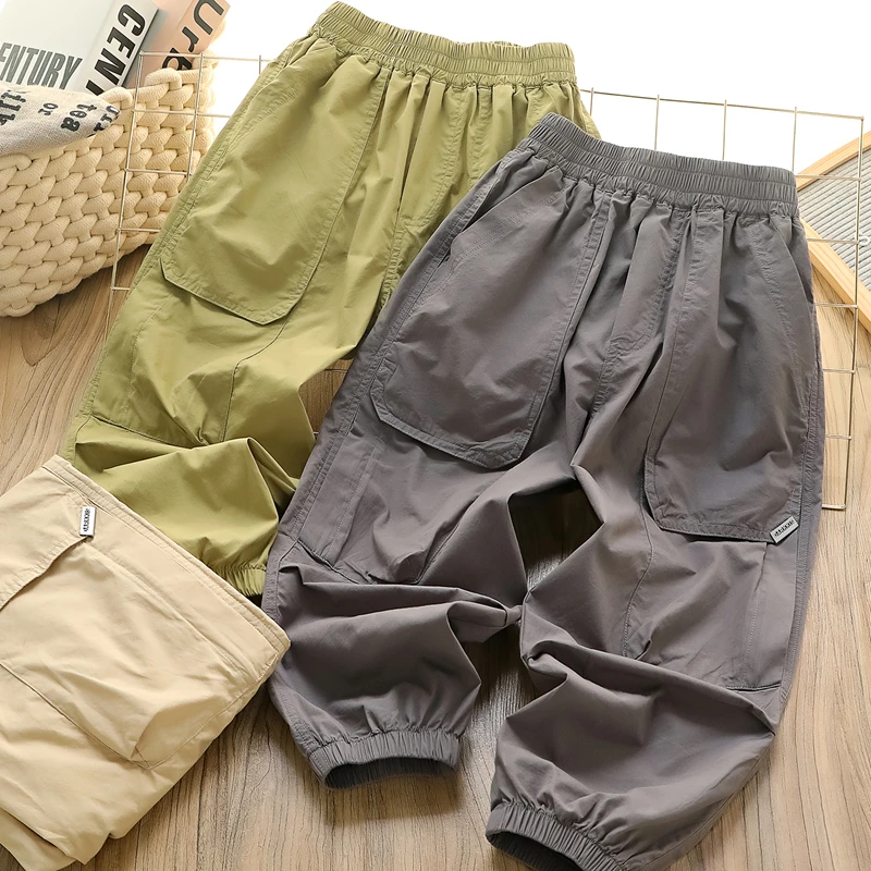 亲肤舒适儿童夏纯棉防蚊长裤薄男女童工装风裤子中大童纯色休闲裤