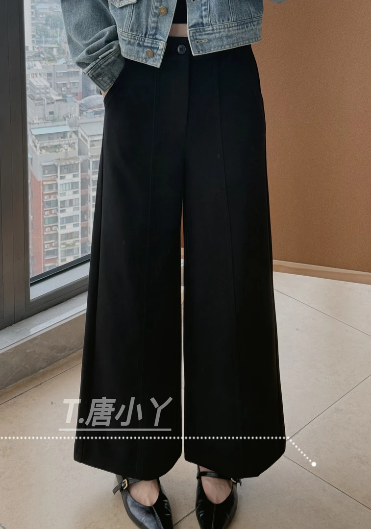 唐小丫|2025冬季新款休闲毛呢高腰直筒微阔腿百搭九分裤908