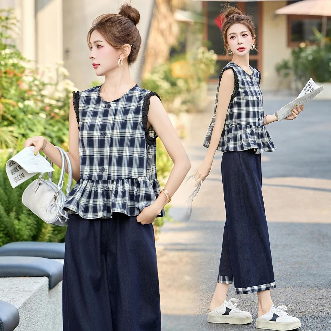 无袖格子牛仔阔腿裤套装女2025夏季新款一整套韩系休闲减龄两件套