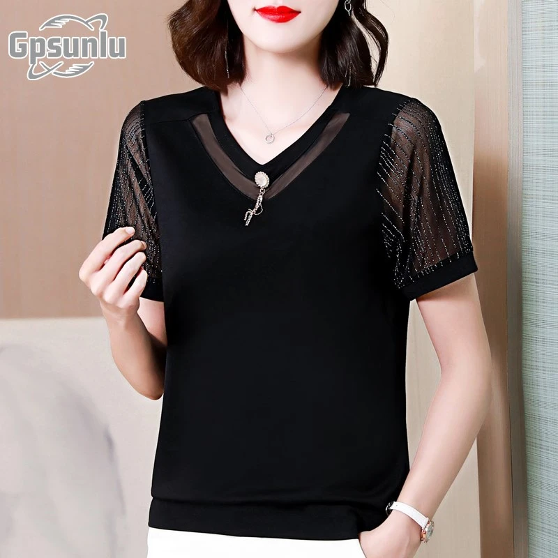 gpsunlu中年妈妈夏装黑色短袖恤女士洋气时尚小衫春秋长袖t恤