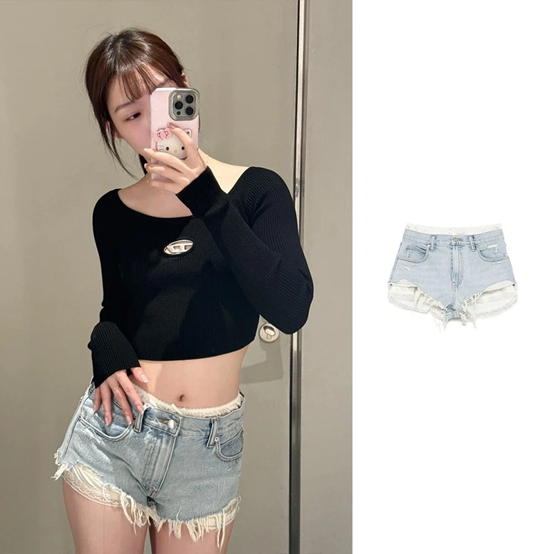 全新未使用   ALEXANDER WANG 破洞流苏牛仔短裤 4DC2254709-480A