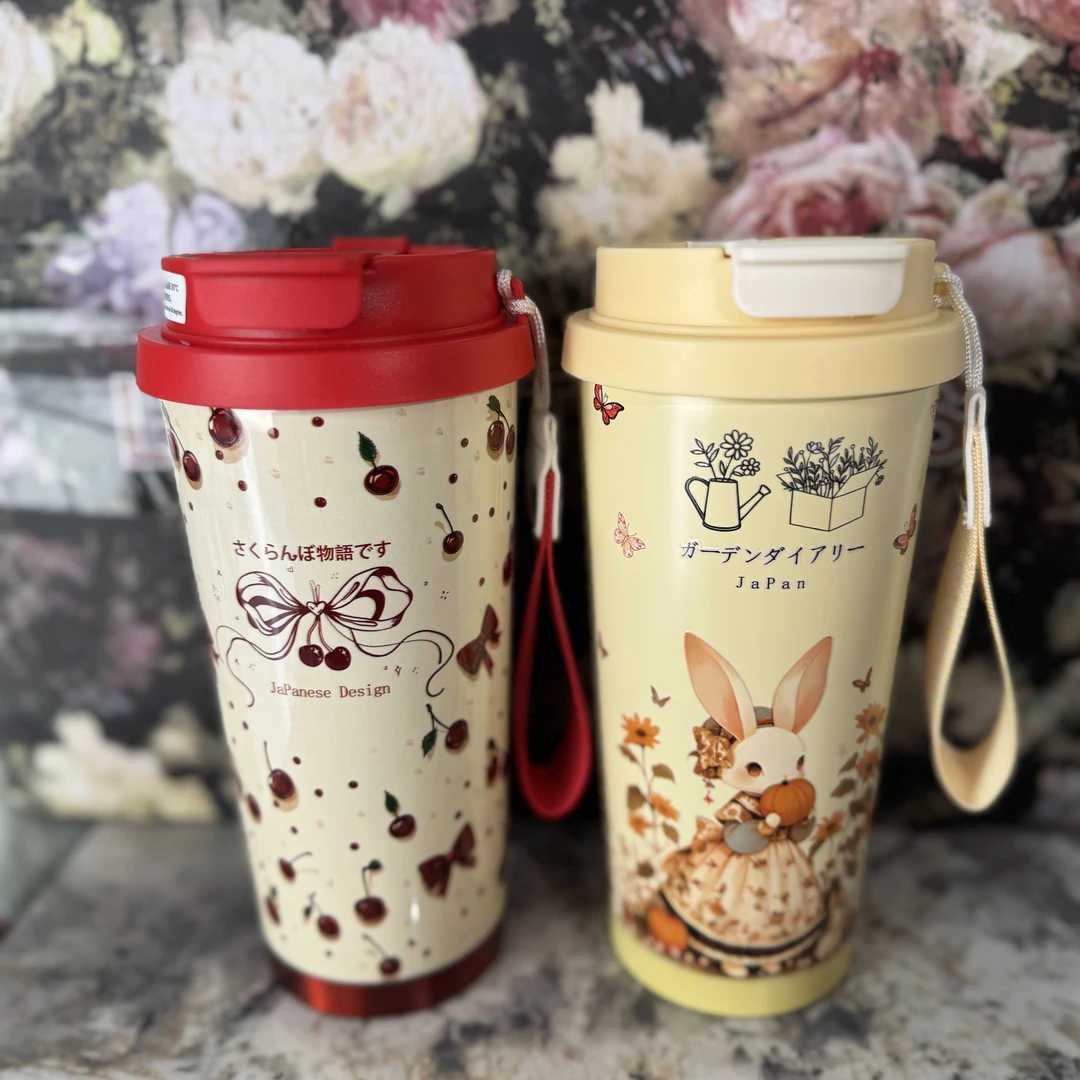 日本设计师手绘吸管保温杯保冷水杯316外出便携咖啡杯果汁杯