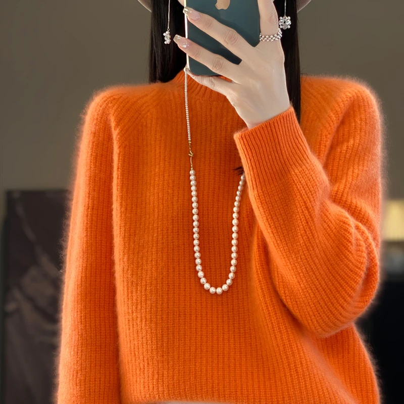 半高领加厚100%纯羊毛衫女元宝针纯色套头内搭毛衣