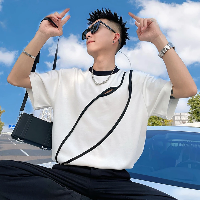 殿若撞色短袖T恤男轻奢夏季薄款痞帅高级感圆领上衣新款半袖体恤