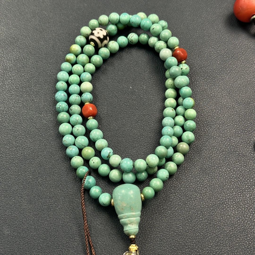 【武当山严选】LS4892民国 老矿绿松 108念珠 财神顶珠三通脖挂