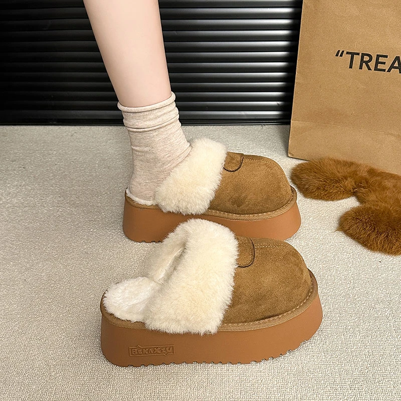 欧货爆款松糕厚底包头半拖鞋女外穿爆款加绒棉拖鞋毛毛半拖雪地靴
