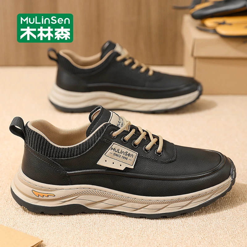 木林森休闲皮鞋2025春秋季新款男士软底防滑工作上班黑色运动男鞋