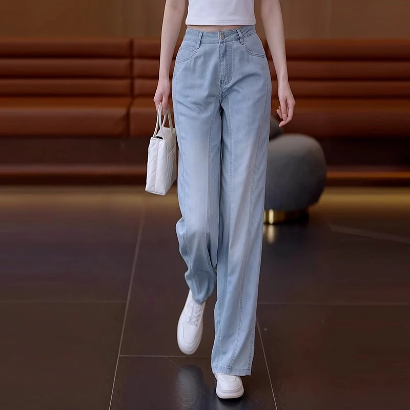 天丝牛仔窄版阔腿裤女2025夏季新款薄款高腰休闲垂感宽松直筒裤子
