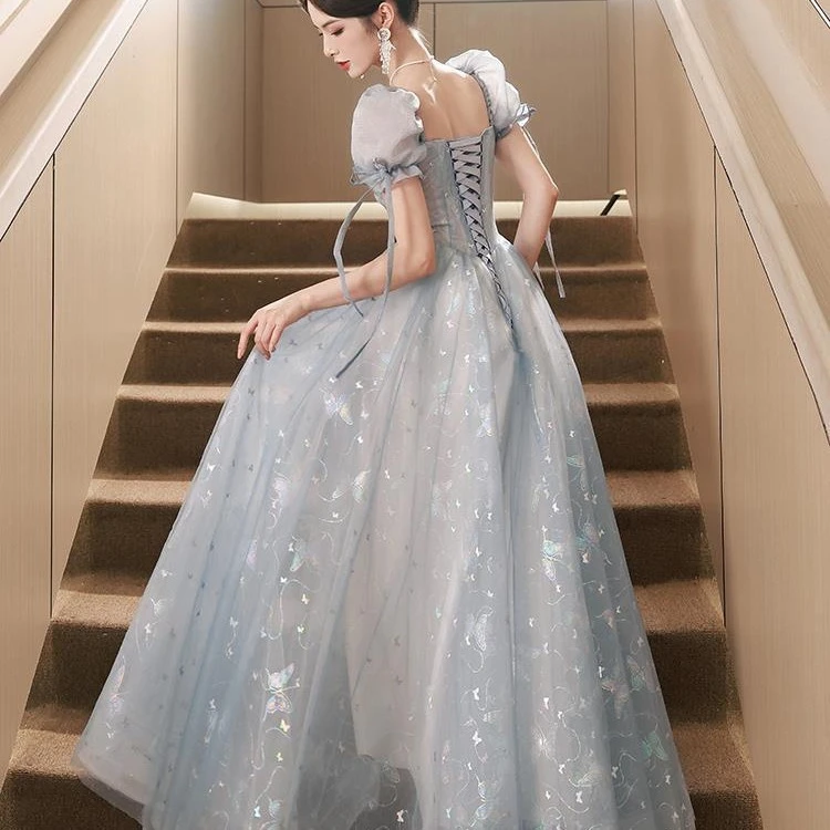 蓝色晚礼服裙2025新款宴会法式轻奢气质泡泡袖公主声乐艺考演出服