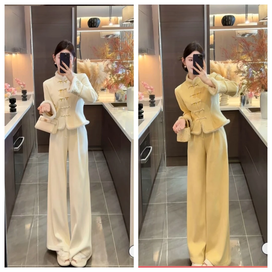 【现货运费险】周粥玉骨秋冬新中式新款气质收腰刺绣盘扣两件套加绒