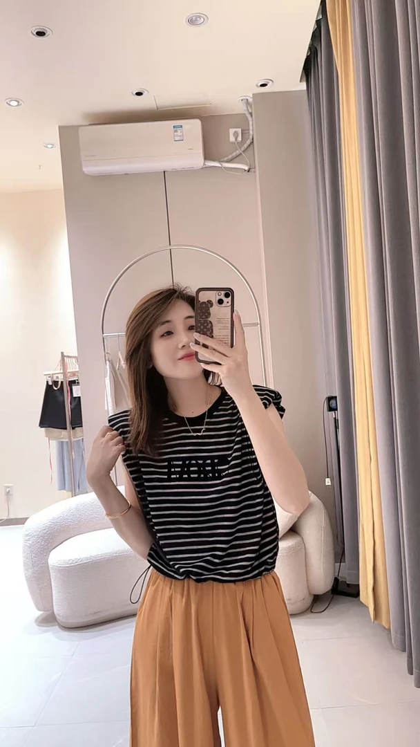 觅裳家 【韩系】5272新款时尚百搭条纹网纱下摆抽绳圆领上衣