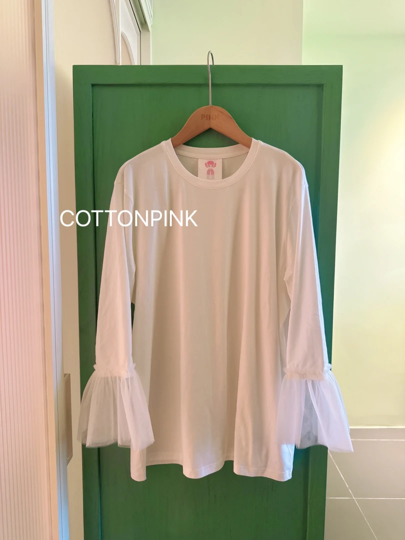 COTTONPINK女装设计师款时尚袖口拼接网纱百搭显瘦上衣