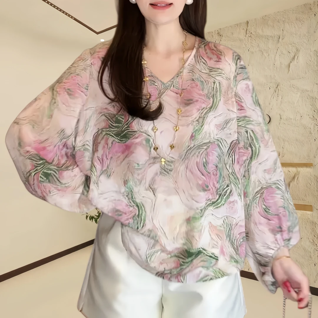 2025春夏款宽松显瘦双绉创意印花彩色恤复古碎花薄款设计感上衣女