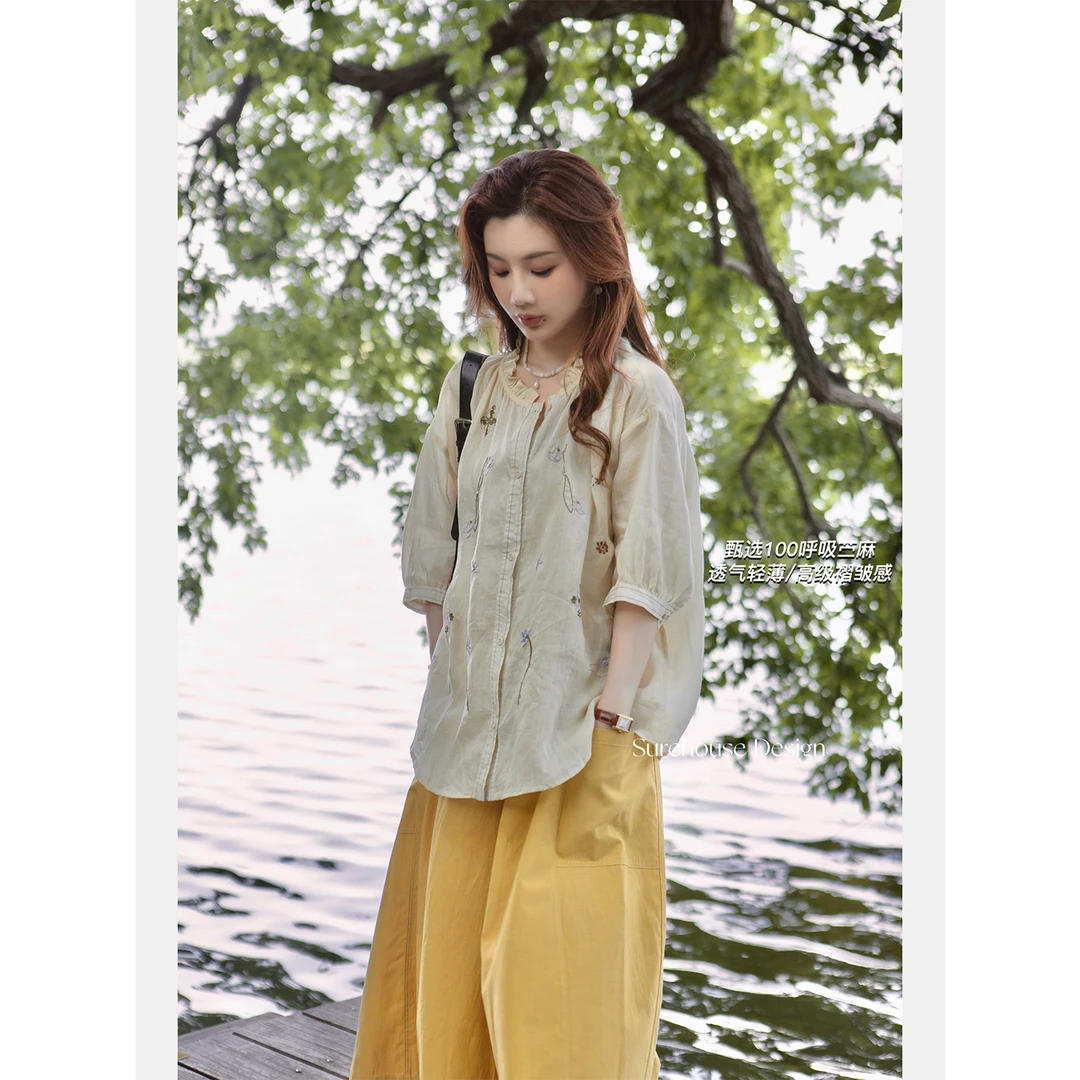 柳絮~47支100苎麻植物系刺绣《一卷花鸟》宽松显瘦气质衬衫女夏季