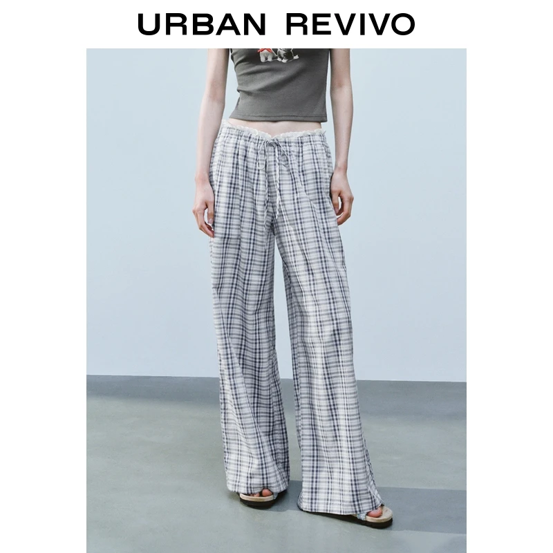 UR2025夏季新款女装撞色格纹拼接蕾丝抽绳阔腿裤UYL650039