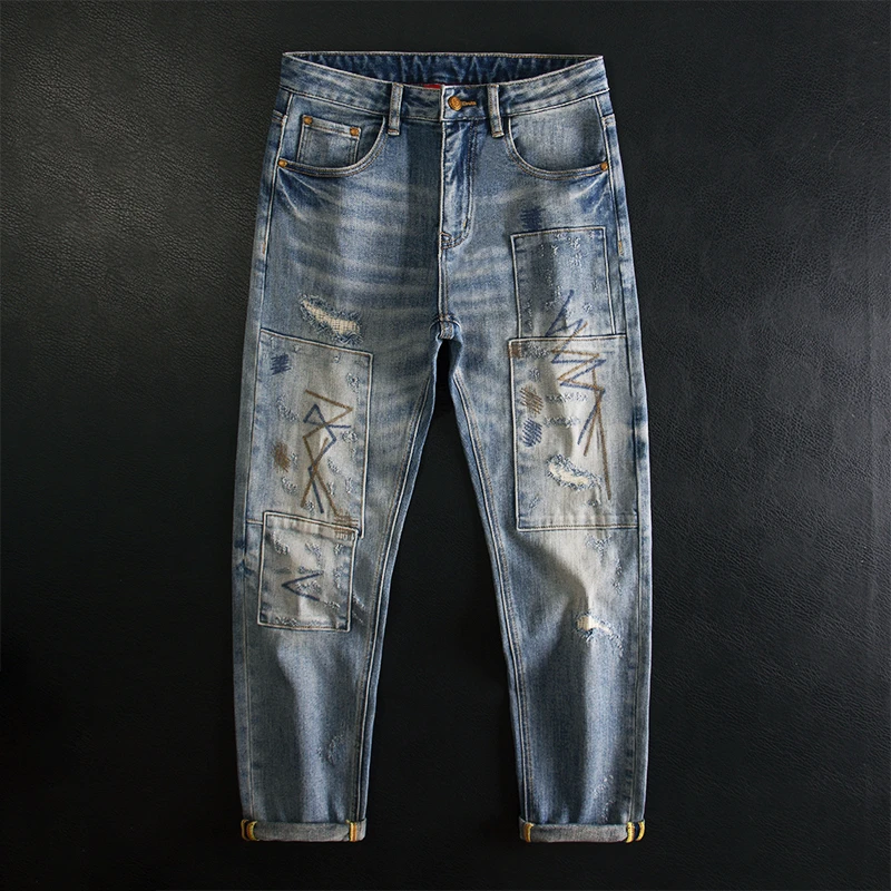 潮牌破洞补丁牛仔裤男士贴布刮烂刺绣修身小脚弹力痞帅个性秋冬款