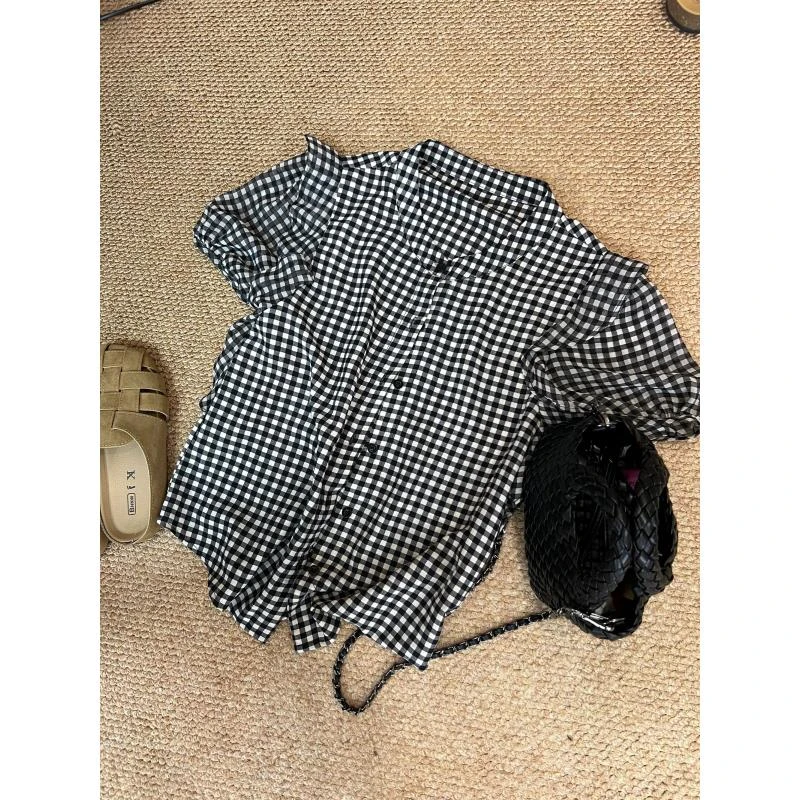 【安迪严选6】9937-1夏季甜美洋气显瘦时尚百搭设计感小众格子上衣