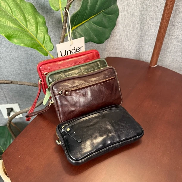 新款头层植鞣手抓纹牛皮女士手拿包手机包多功能包