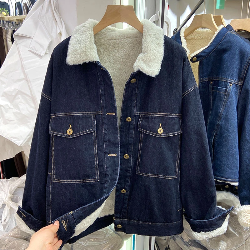 牛仔外套女加绒加厚2025秋冬新款复古港风机车服保暖毛领夹克上衣