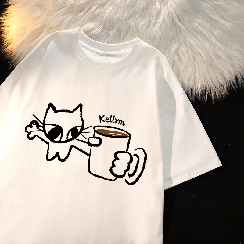 男女童100%纯棉短袖T恤夏季装趣味咖啡小猫印花宽松半袖儿童上衣