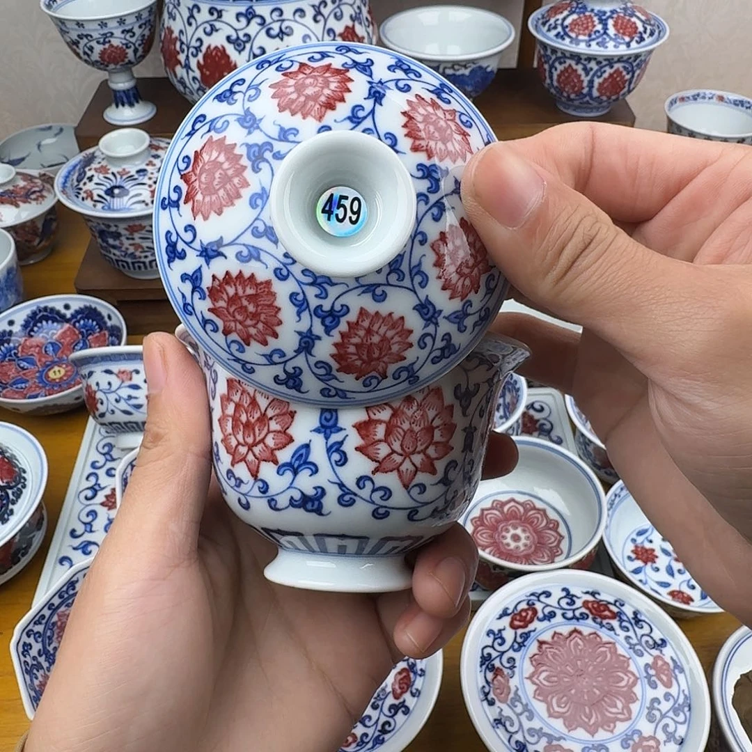 重***虎微瑕青花料点元宝盖碗