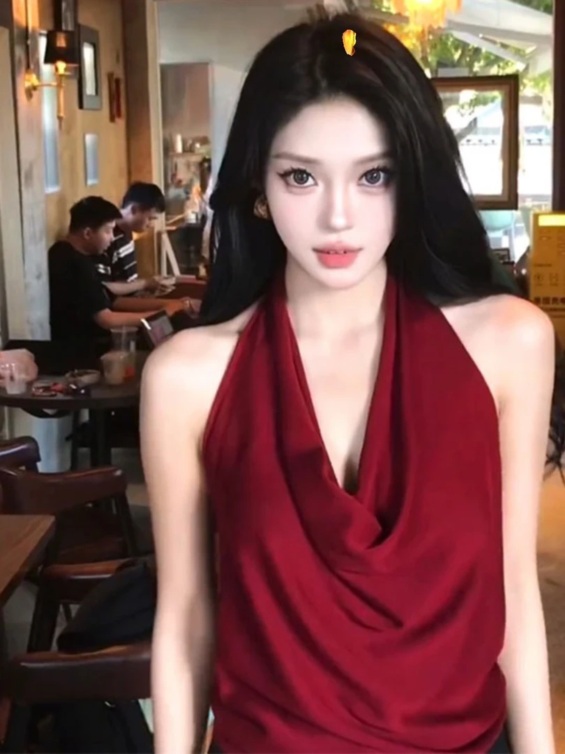 红色仙女绝美露背荡领吊带背心女外穿夏内搭性感辣妹无袖挂脖上衣