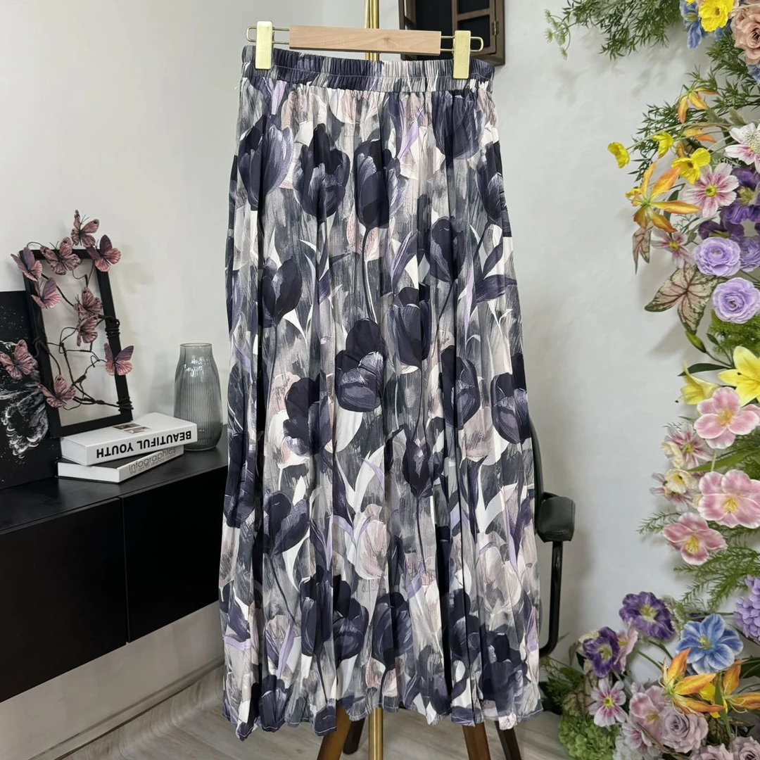 A Q3007：高级印花飘逸碎花半身裙女下高腰垂感长裙