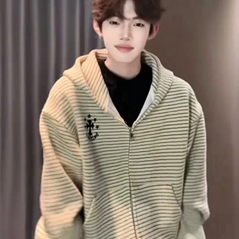 WASSUP dream新款哥特风十字架刺绣连帽卫衣男款外套秋冬条纹上衣