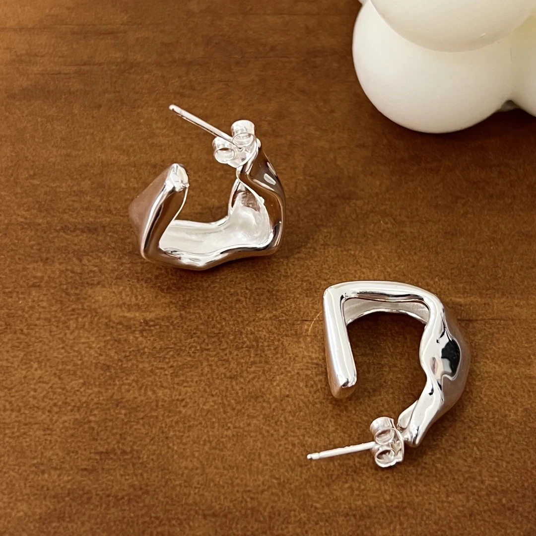 925银耳饰 轻奢复古简约ins小众不规则肌理纹纯银耳环