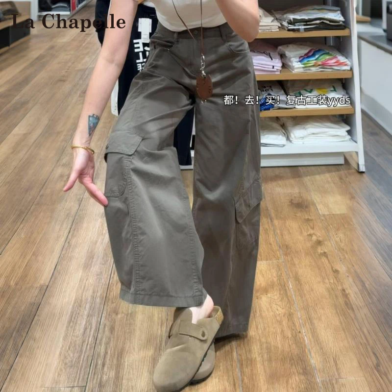 拉夏贝尔灰色工装牛仔裤女秋今年流行小个子大口袋宽松直筒阔腿裤