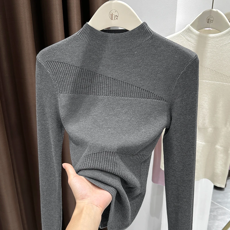 高级感镂空套头长袖上衣女秋冬新款小众灰色半高领软糯针织衫内搭