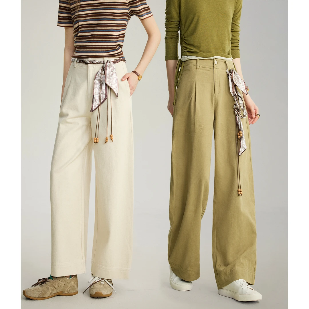 南瓜谷【通勤实穿】天丝亚麻棉 休闲通勤丝巾系带长裤女直筒裤