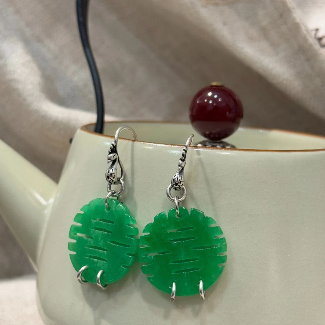 <一禅兄>S925银石英岩绿双喜孔雀耳钩耳环百搭复古多样性