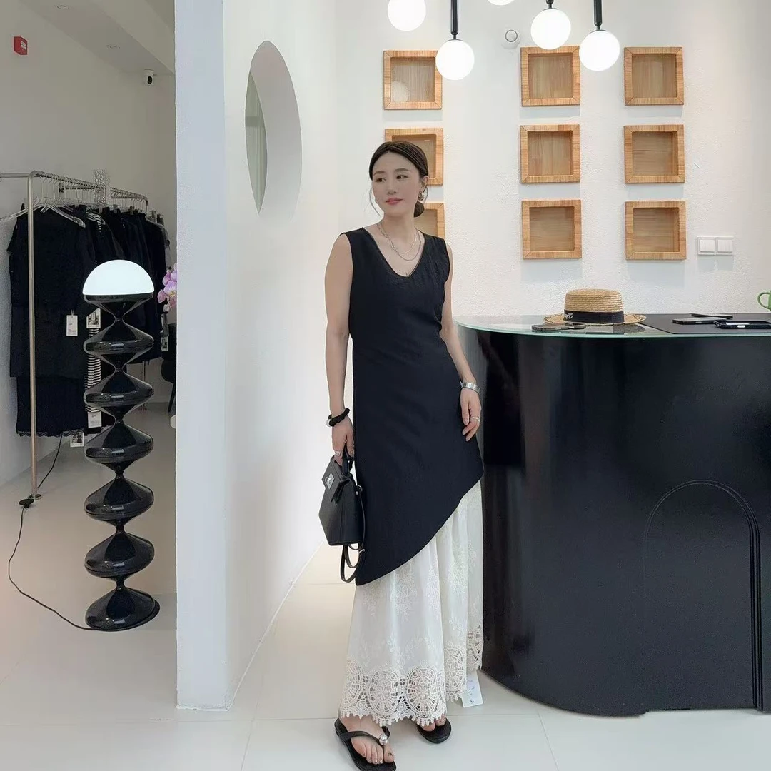 林林 法式刺绣拼接长裙蕾丝显瘦不规则重工背心裙连衣裙女夏