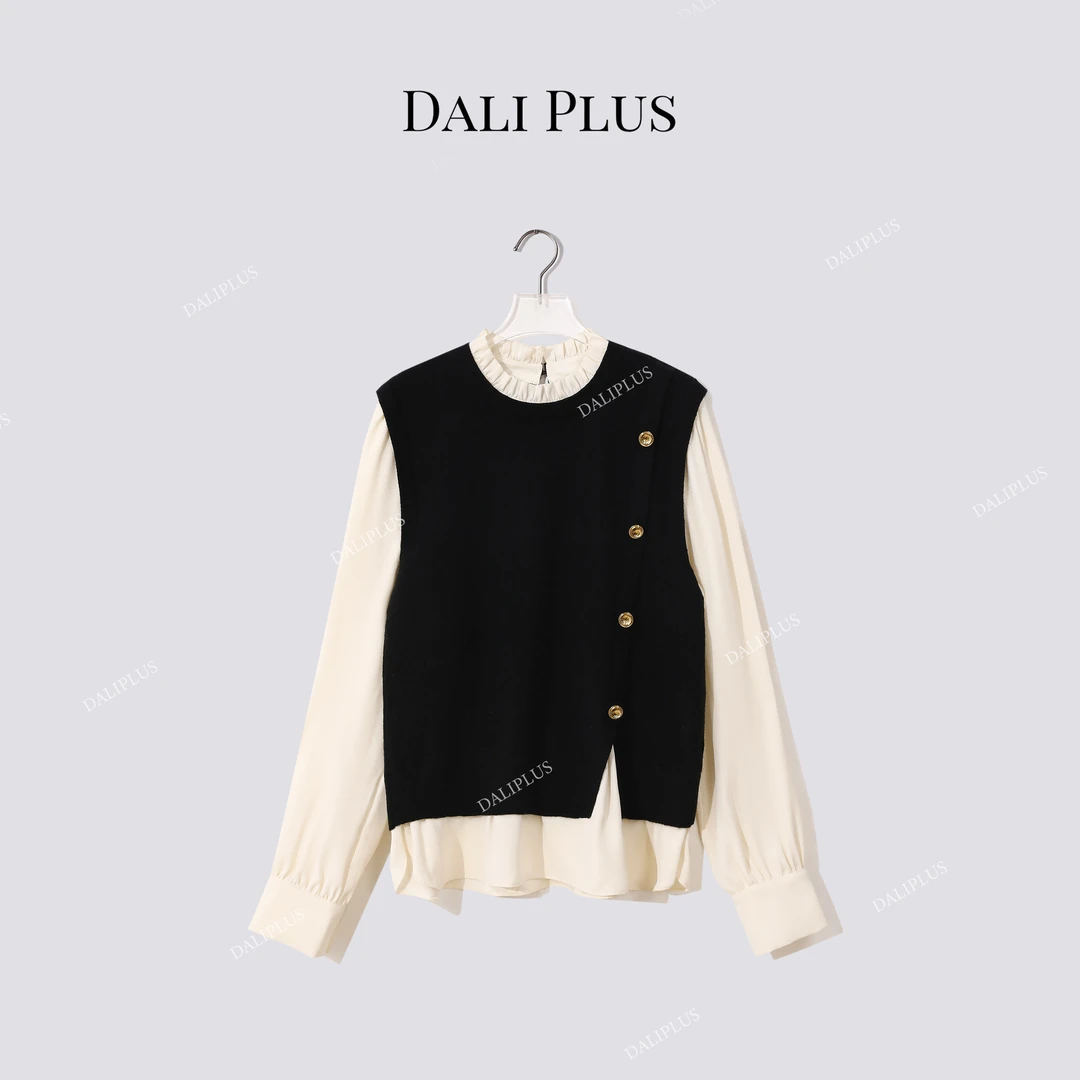 DALI PLUS“马甲针织衬衫” 斜边纽扣设计拼接衬衫-D5MM3211