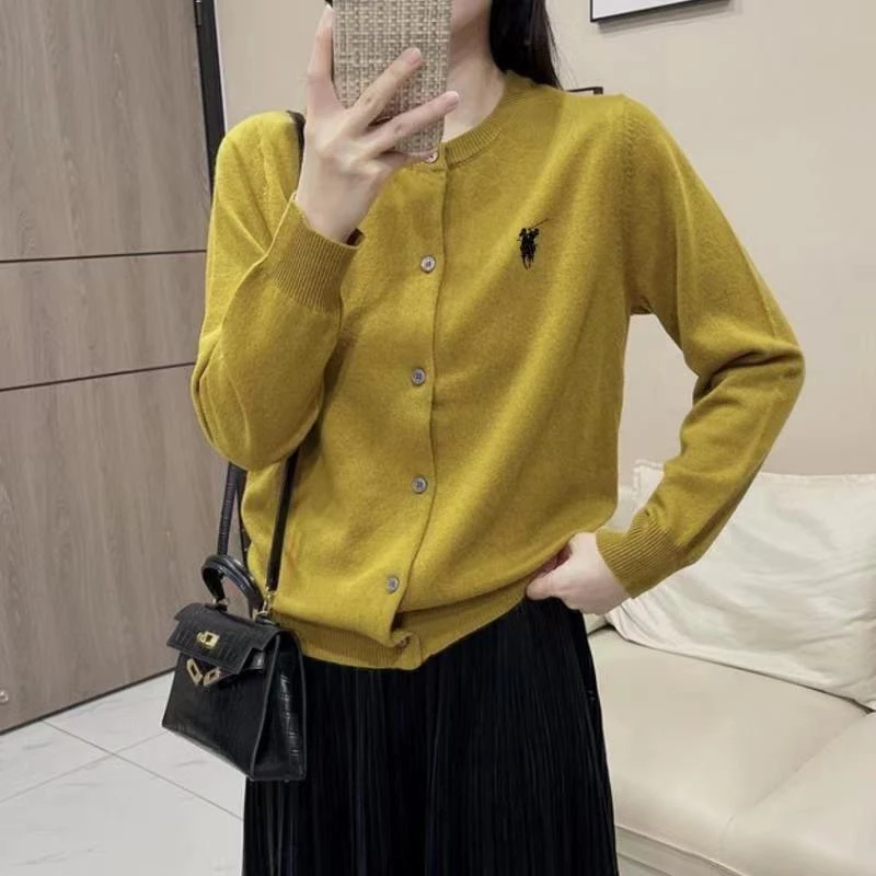 纯羊毛开衫女宽松圆领刺绣毛衣外套开襟针织衫小个子上衣百搭