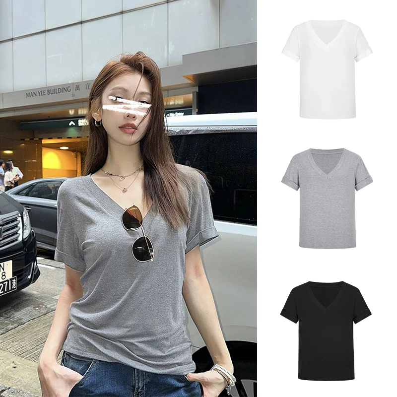 Moses Queen/魔西女王美式正肩v领短袖t恤女修身显瘦百搭辣妹上衣