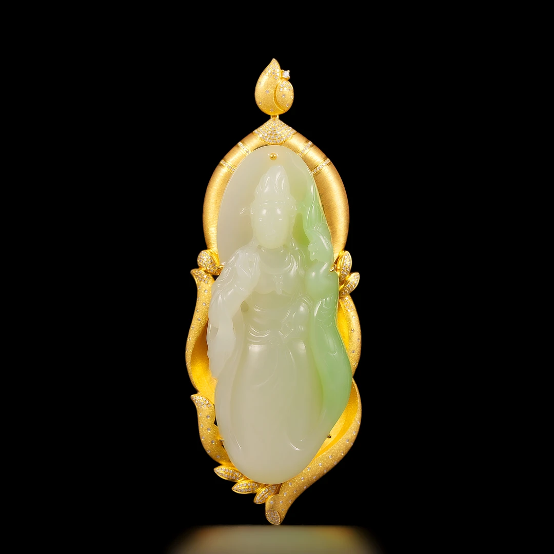 传世级 和田玉青海老翠青观音全身像吊坠 87*37*18mm±18K H121304