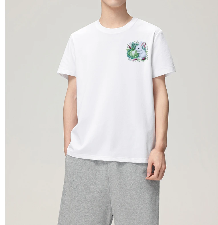 【新款】纯棉短袖宽松型圆领仿刺绣白色兔子短袖T恤上衣夏季美式