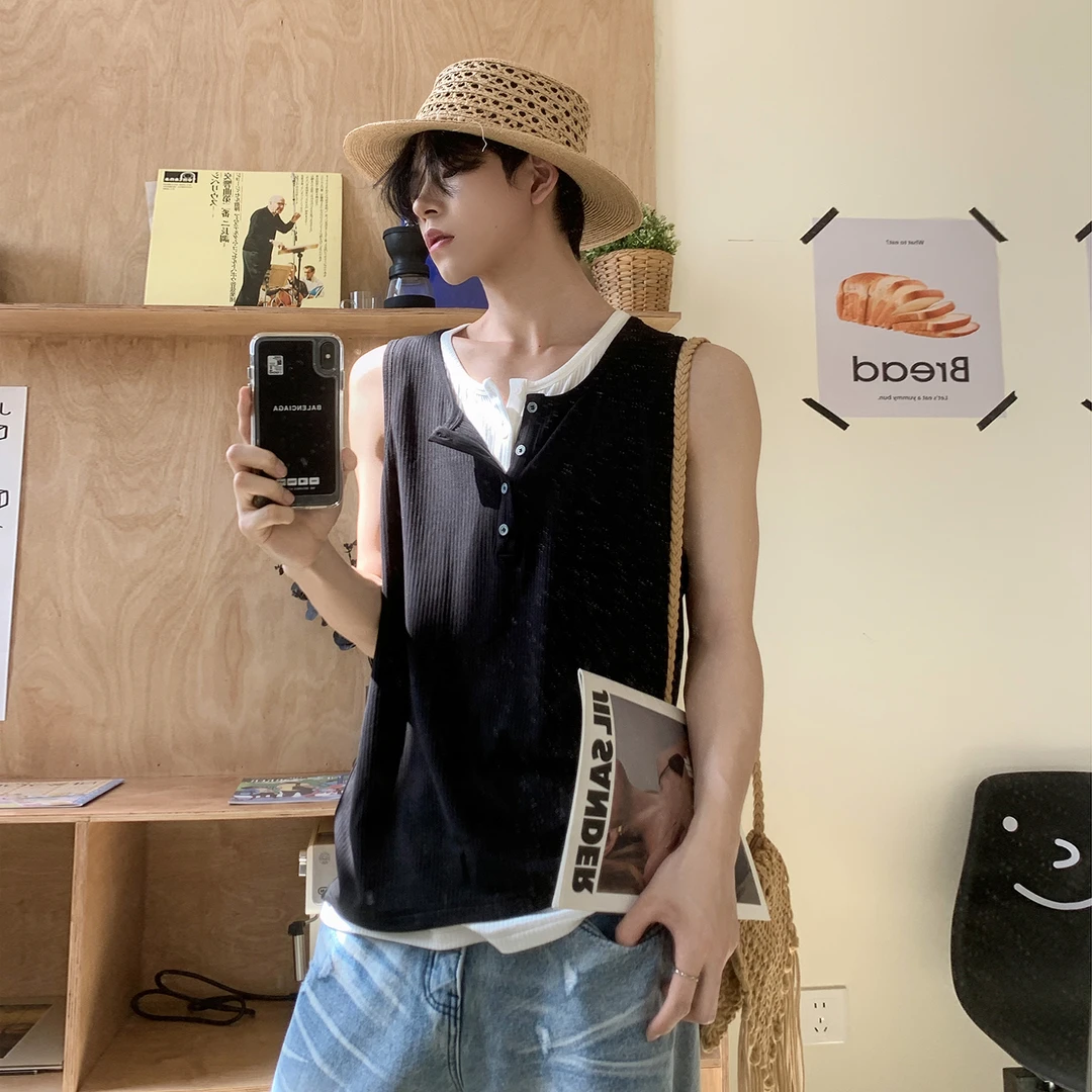 白口阳【盗梦图层】2025年夏季背心两件套男薄款宽松休闲上衣TT585