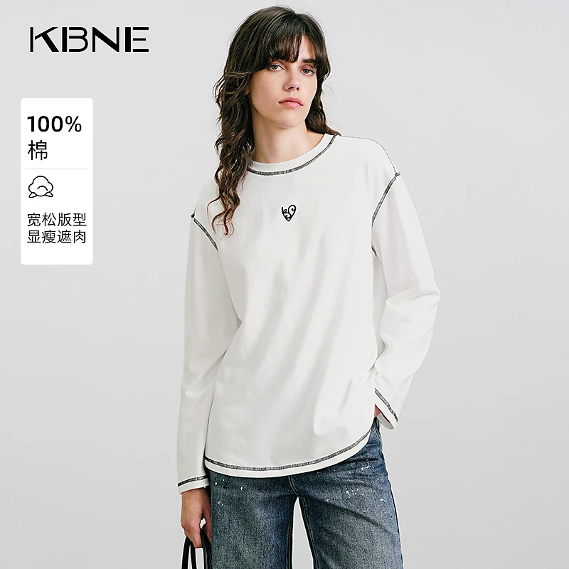 KBNE秋装女款爆款2025新款长袖t恤打底衫撞色休闲洋气慵懒风上衣