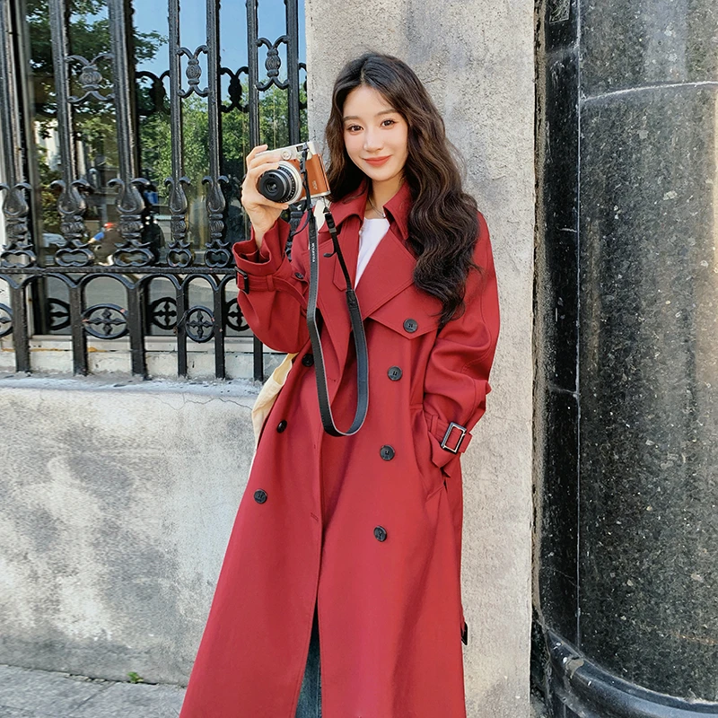 复古红色风衣外套女2025秋季新款英伦风双排扣气质时尚中长款大衣