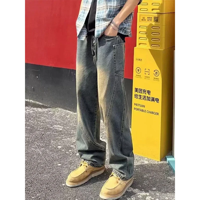 美式复古弯刀工装牛仔裤男高街痞帅潮牌裤子cleanfit直筒微喇长裤