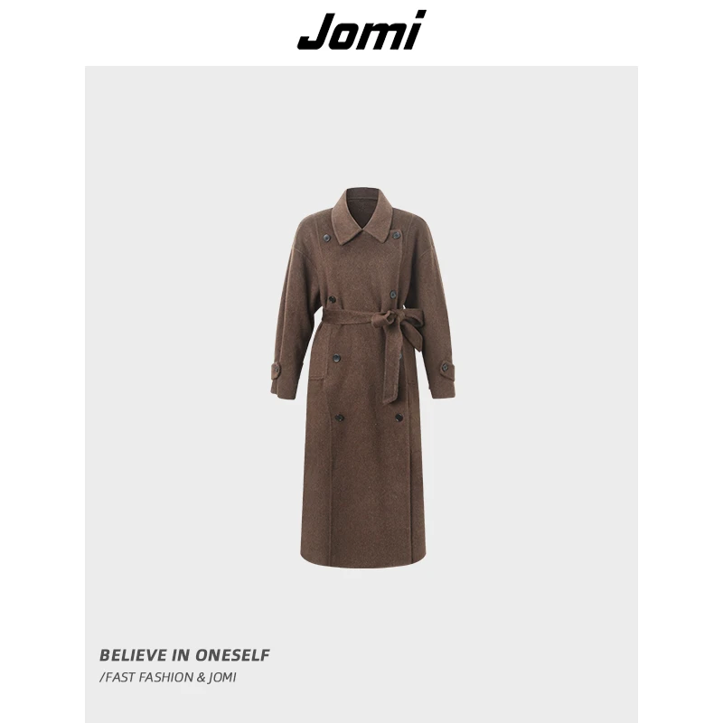 JOMI秋冬绵羊毛长款系带收腰毛呢大衣女气质外套