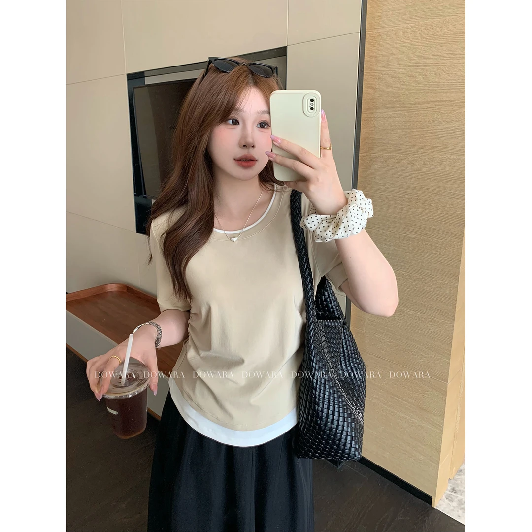 现货大婉酱微胖定制莱赛尔假两件撞色短袖T恤女夏季气质上衣6646D