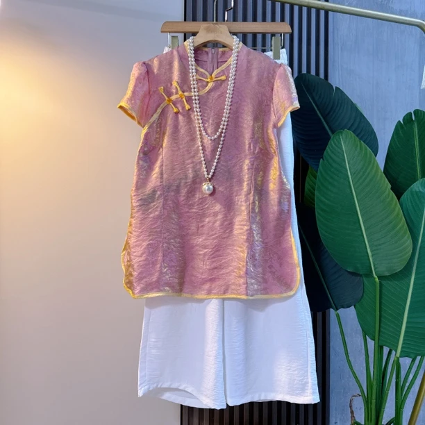 新中式夏季新款大码女装时尚复古风盘扣烫金小衫阔腿裤国风宽松